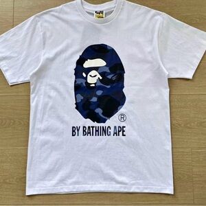 Bape White Tee with Blue Camo Ape Design